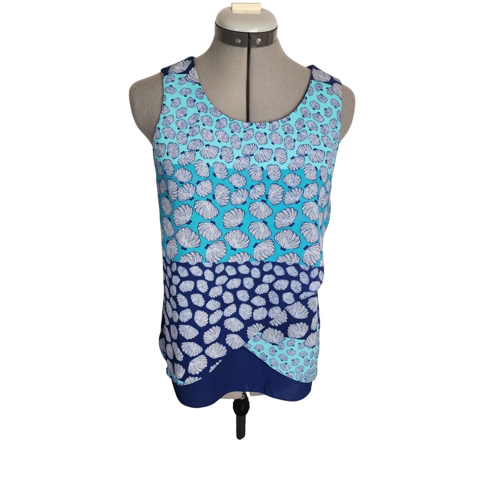 Cato Blue Seashell Print Layered Split Back Tank Top Womens Small PC24780